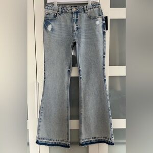 Retrofete . High Rise Flare Light Wash Denim Jeans - Light Blue. Size 28. Tall